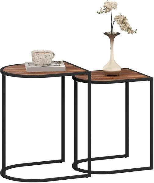 HOMCOM 2er-Set Beistelltisch, Eckiger Kaffeetisch, Stahlgestell, stapelbar, Braun/Schwarz