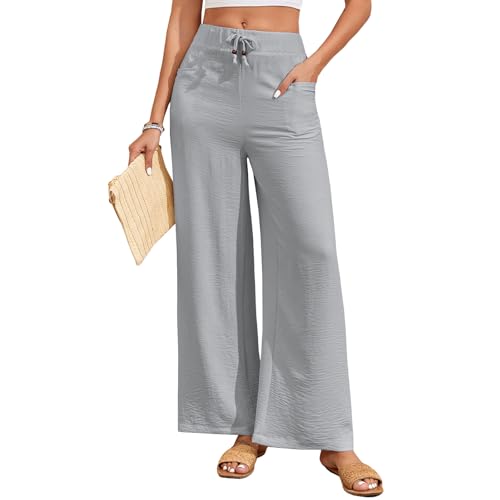 Produktbild: hotian leinenhose damen weit hoch geschnitten dehnbar freizeithose mit tasche sommer