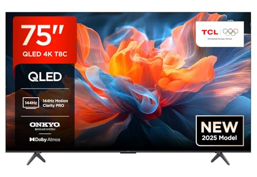 tcl 75t8c 75 zoll qled 4k uhd fernseher mit google tv, dolby vision, 144hz, onkyo 2.1 sound