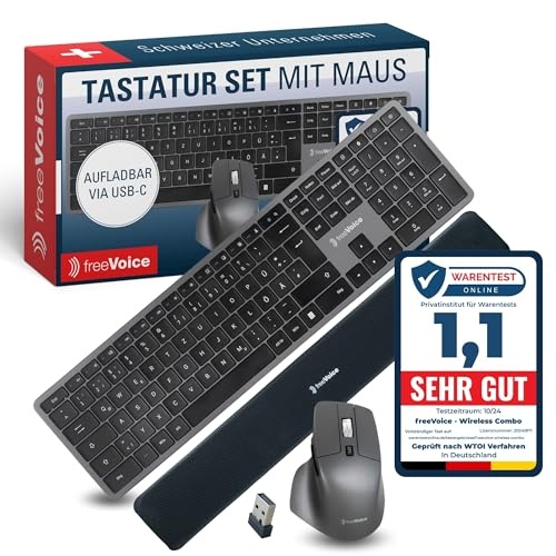 freeVoice kabelloses tastatur-set mit maus und handgelenkauflage, leise, flach