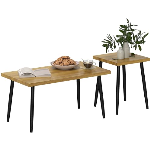 homcom couchtisch 2er set mit stahlrahmen, beistelltisch für wohnzimmer natur