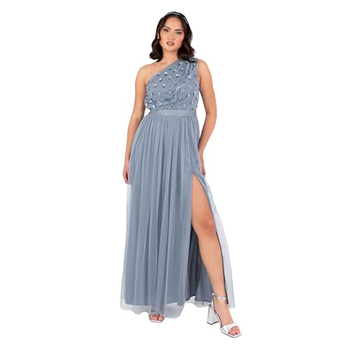 Maya Deluxe Maxi Dress Damen One Shoulder Floral Sequin Tulle A-line Staubblau 50