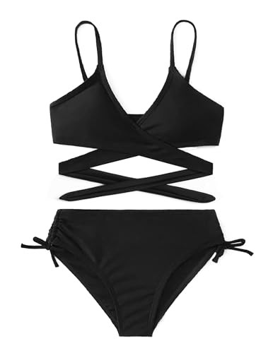 Mädchen Badeanzug Set Criss Cross Bustier & Bikinislip Schwarz 6-7 Jahre