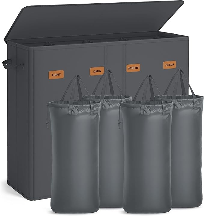 Songmics Wäschekorb 210L mit 4 Fächern, Deckel, 5 Etiketten, dunkelgrau