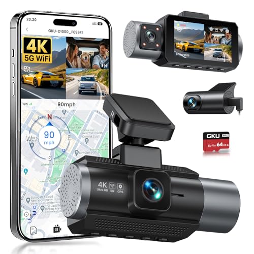 gku dashcam 3-kanal 4k 1080p mit gps und wlan, 64gb sd karte, nachtsicht, parküberwachung