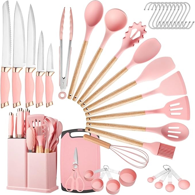 Küchen Kochutensilien Set 37 Teile Silikon mit Utensilienhalter Rosa
