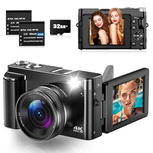 digital camera 4k 48mp mit autofokus, 3 zoll klapp-display, 16x zoom, 32gb karte