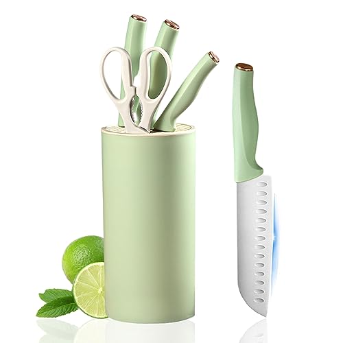 Produktbild: justup 5-tlg küchenmesser set grün, edelstahl messerblock mit schere und rundständer