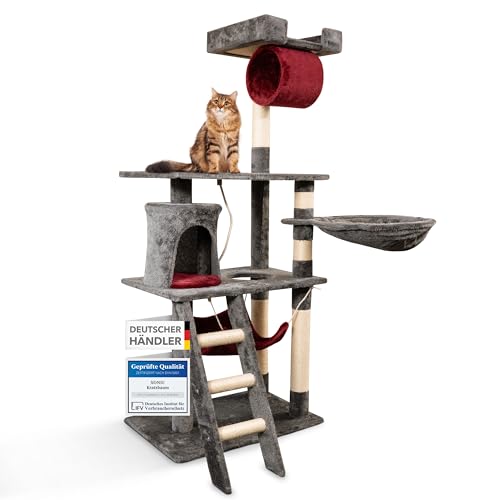 katzenkratzbaum foxdevil by xonic, stabil, 141 cm, mit hängematte, höhle, treppe, grau/rot