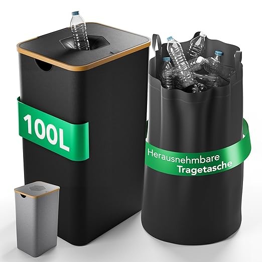 Pfandflaschen Sammelbehälter 100L mit Tragetasche und Bambusdeckel, für 30-40 Flaschen