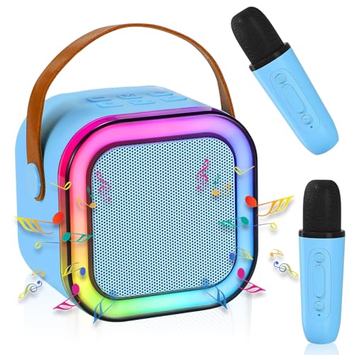 karaoke maschine kinder, mini karaoke mit 2 mikrofonen, bluetooth lautsprecher mit led-lichtern