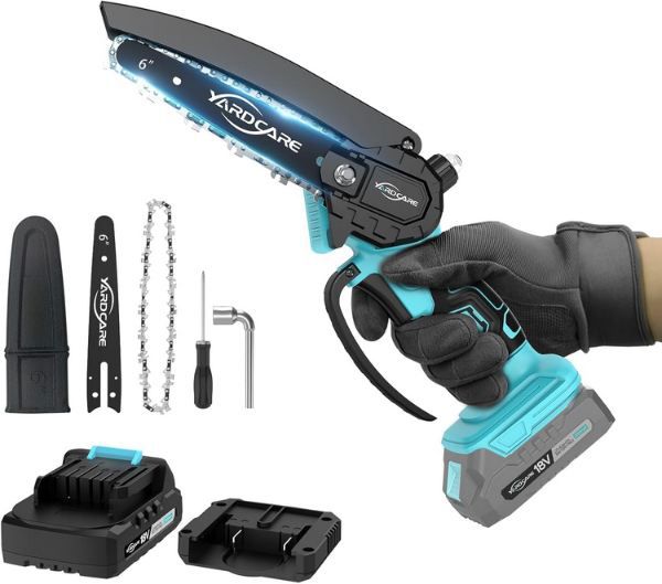 Produktbild: yardcare 6 zoll mini kettensäge mit akku und ladegerät für 39,99 euro