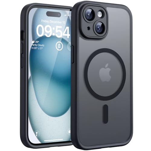 iPhone 15 Hülle MagSafe, Stoßfest, Kameraschutz, Eingebauter Magnetring, Schwarz