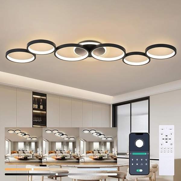 Dimmbare LED Deckenleuchte Schwarz 6-Ring mit Fernsteuerung, L113cm/69W