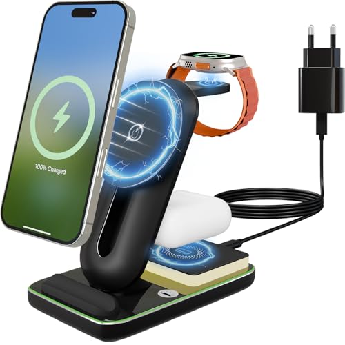 yungyao magsafe ladegerät 3 in 1 für iphone, induktive ladestation schwarz, 20w