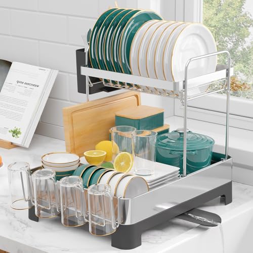abtropfgestell kitsure 2-tier rostfrei mit besteck- und tassenhaltern dunkelgrau 38,6 x 32,0 x 44,5 cm