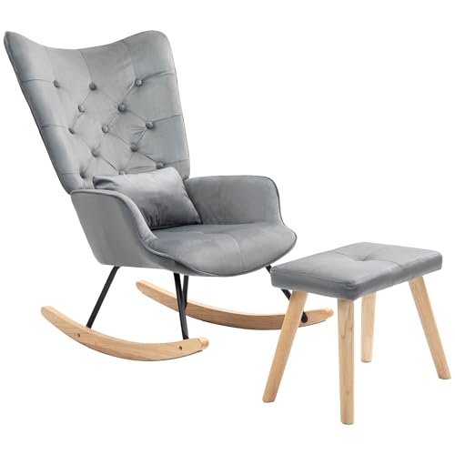 HOMCOM schaukelstuhl mit hocker, relaxsessel mit kissen, dunkelgrau, 66 x 96 x 101 cm