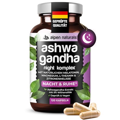 Ashwagandha Night Komplex 120 Kapseln mit Melatonin, Magnesium, L-Theanin, vegan