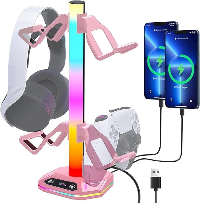 Produktbild: RGB Headset Halterung mit Gewichtetem Fuß, USB Typ-C, für Kopfhörer (Rosa)