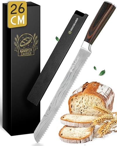 krustenzauber brotmesser 26 cm mit wellenschliff, scharfes brotschneidemesser, holzgriff