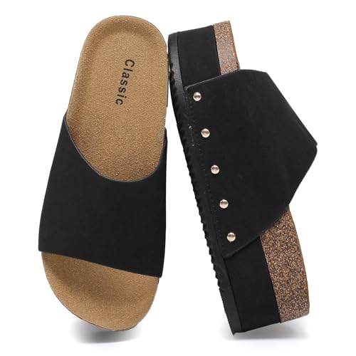 foinledr damen pantoletten kork-fußbett bequeme sandalen mit verstellbarem riemen