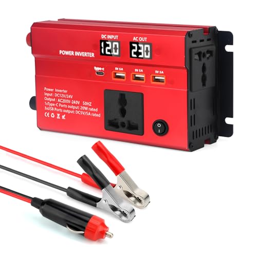 WODHMIEY 600W Kfz Wechselrichter 12V/24V auf 230V mit 2 Steckdosen, USB, Type-C