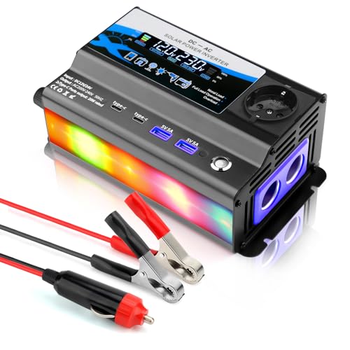 600W Kfz wechselrichter 12V/24V auf 230V, WODHMIEY, mit 1 steckdose, 2 USB, type-C, zigarettenanzünder, lcd-display