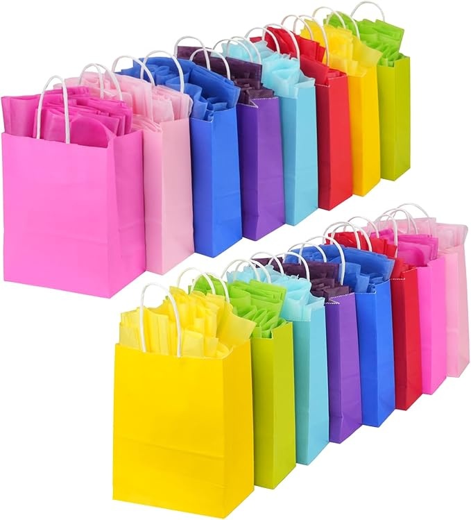 Kraftpapiertüten 15x8x21cm, 40 Stück bunt mit Henkel für Kindergeburtstag & Partys