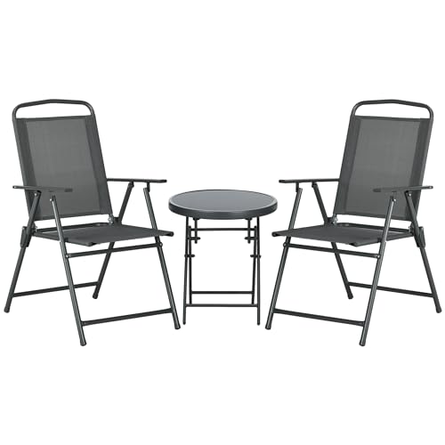outsunny bistro-set metall 3-teilig wetterfest klappbarer glastisch gartenmöbel dunkelgrau