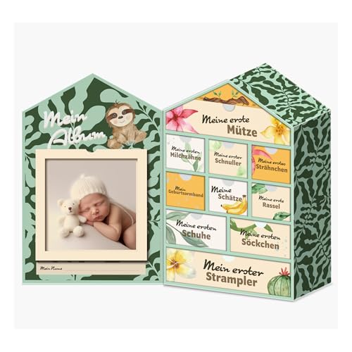Produktbild: baby erinnerungsbox mit 10 fächern, meilenstein box für geburt und taufe, grün