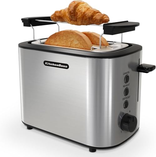 toaster kitchenboss 2 scheiben edelstahl 870w mit brötchenaufsatz und krümelschublade