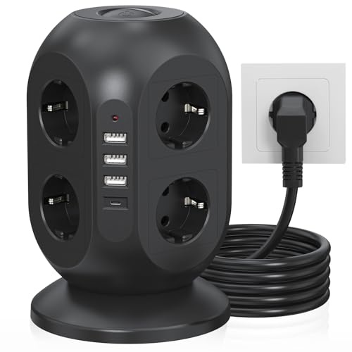 Steckdosenturm 8-fach mit USB-C, 2m Kabel, Überspannungsschutz, Schwarz