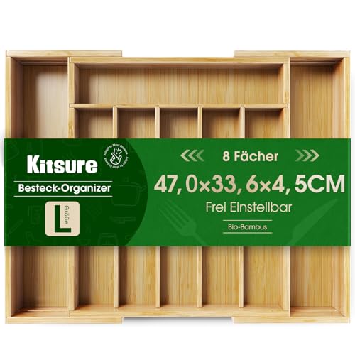 besteckkasten schubladen organizer kitsure aus bambus mit 8 fächern 33,6 x 4,5 x 29-47 cm