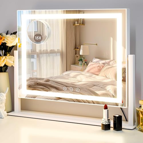 Produktbild: LuxeVue beleuchteter schminkspiegel 46x36 cm mit 3 lichtmodi und abnehmbarem 15x spiegel