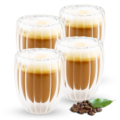 Foydream Trinkgläser 330ml, 4 Stück, gerippte Wassergläser für Cocktails, Lattes, Tee