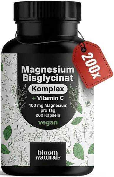 Magnesium Komplex hochdosiert 200 Kapseln - 400 mg mit Vitamin C, Bisglycinat, Citrat