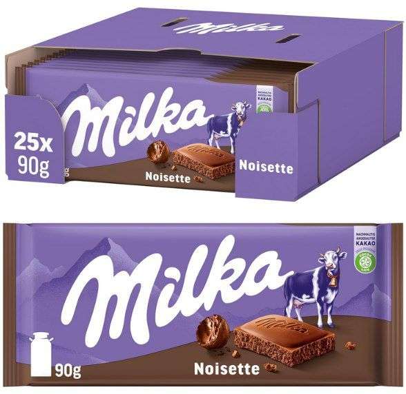 milka noisette schokoladentafeln 25x90g für 24,99 euro statt 40 euro