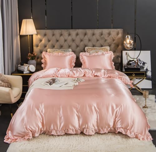 Produktbild: koudi satin bettwäsche set rosa pink 220x240cm mit rüschen 2 kissenbezüge 80x80cm