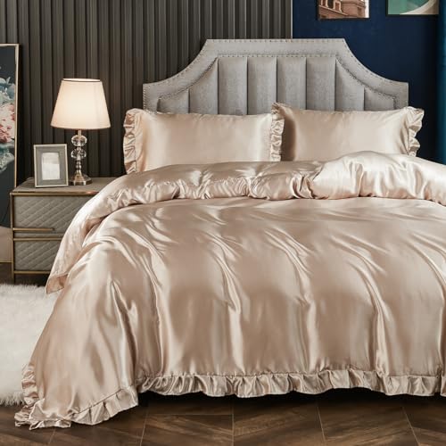 Produktbild: koudi satin bettwäsche 200x220cm 3-teilig champagne uni rüschen glanzsatin set