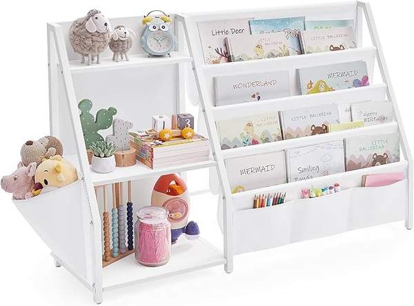 Bücherregal Kinder 75 cm, Spielzeugregal mit Seitentasche, weiß GKR024W01