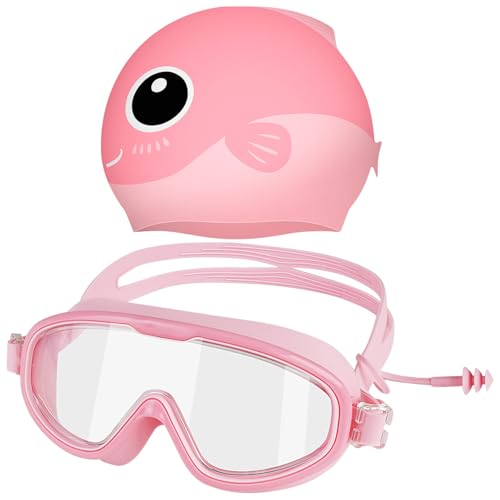 Ynaice badekappe schwimmbrille kinder set rosa cartoon uv-schutz 3-14 jahre