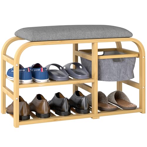 homcom schuhbank 2 etagen mit korb und 2 schuhregalen grau bambus 70 x 30 x 45 cm