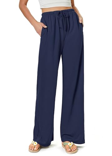 Damen Flowy Wide Leg Hosen Hochbund Kordelzug Palazzo mit Taschen Strandhose