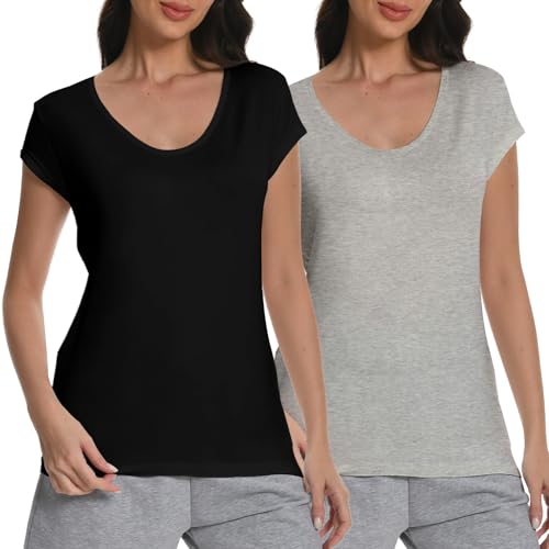 T-Shirt Damen V-Ausschnitt Flügelärmel Kurzarm 2er-Pack Baumwolle Sommer Casual
