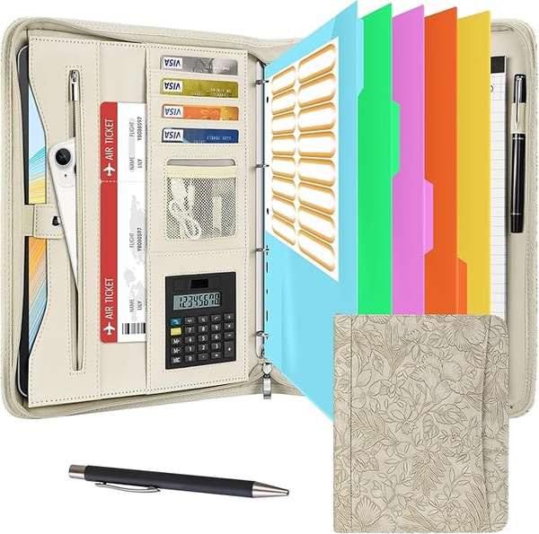 Leathario Schreibmappe A4 mit 4-Ringblock, Reißverschluss, Blumenmuster, Dokumentenmappe