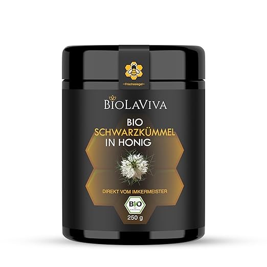 BIO Honig (Roh) mit Schwarzkümmel 250 g - direkt vom Imker aus Hessen, MIRON Glas