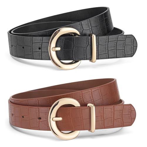 mhwan damen gürtel leder krokodilmuster retro 2,8 cm breit 106 cm lang goldene schnalle