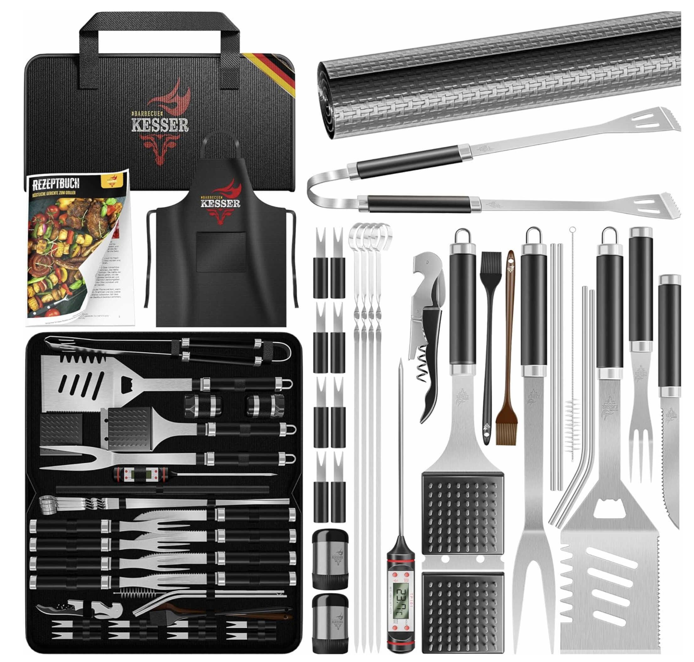 kesser grillbesteck set 37-teilig aus edelstahl grillzubehör mit zange wender spatel