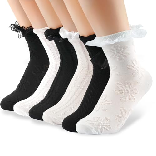 Maxmoc rüschen socken 6 paar damen knöchelsocken in schwarz und weiß, schicke stile