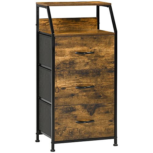 Produktbild: homcom kommode stoff 3 schubladen schrank ablage für schlafzimmer wohnzimmer rustikal-braun
